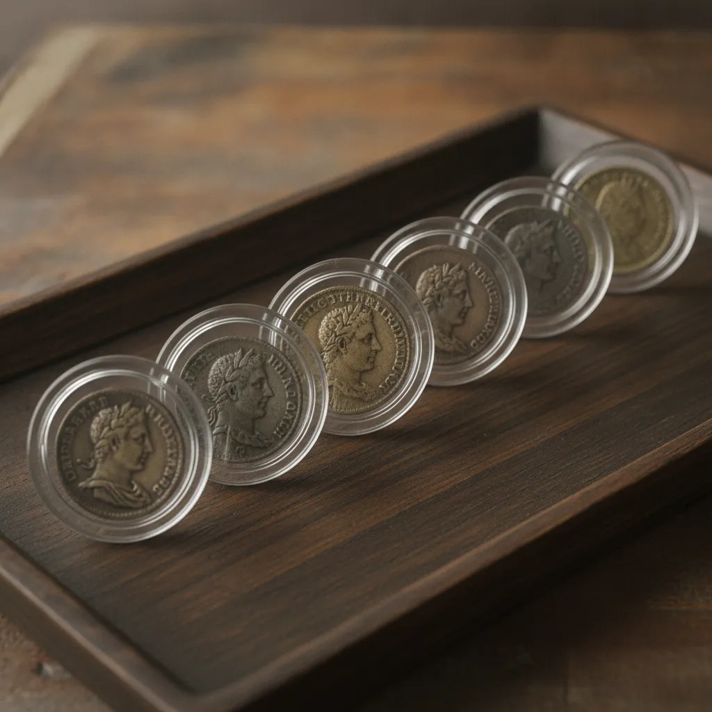 Pièces de monnaie rangées dans des capsules rondes transparentes