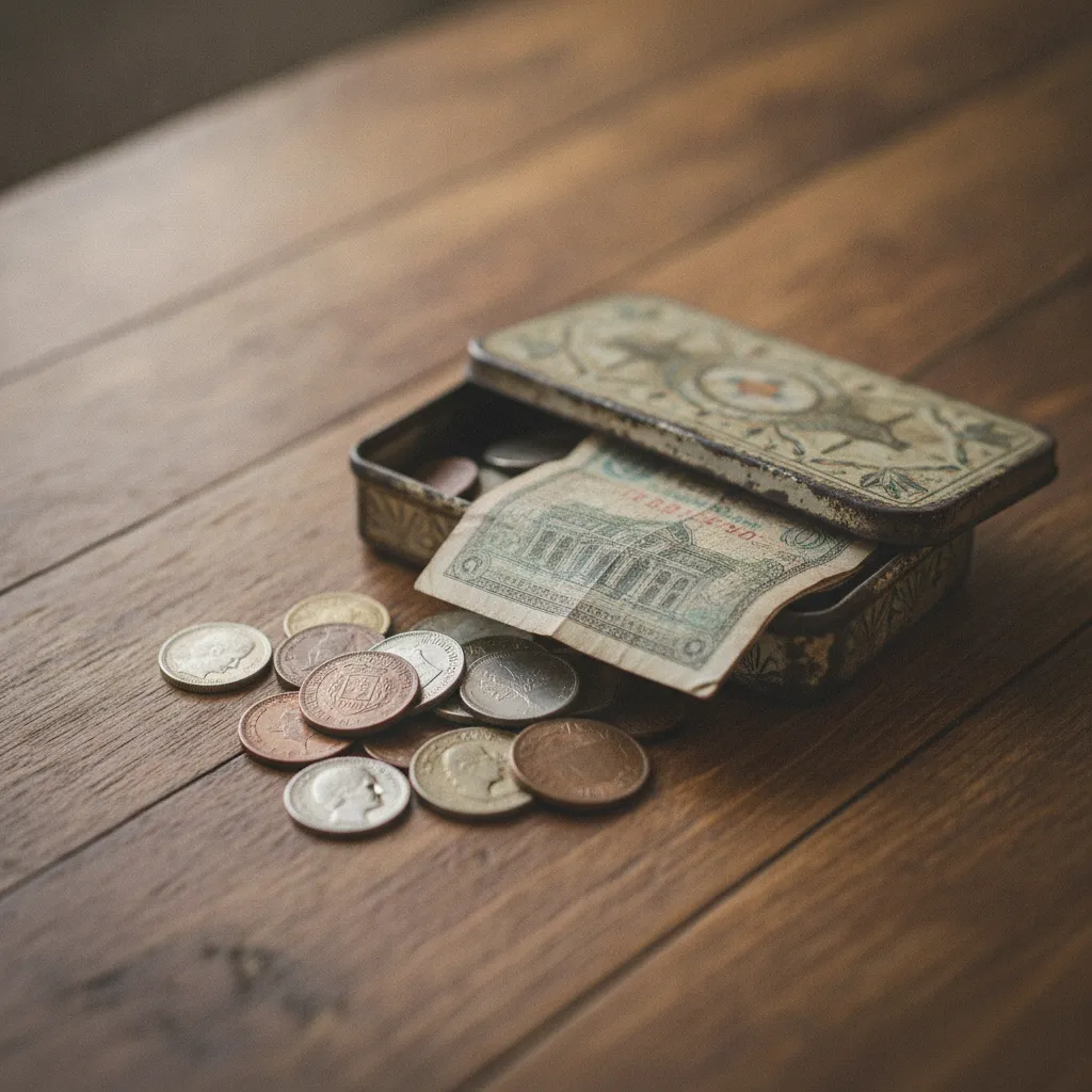 Anciens billets et pièces en francs sortis d'une boîte
