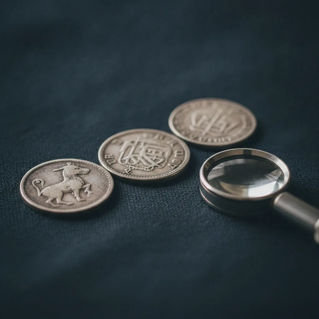 Pièces de monnaie anciennes examinées à la loupe