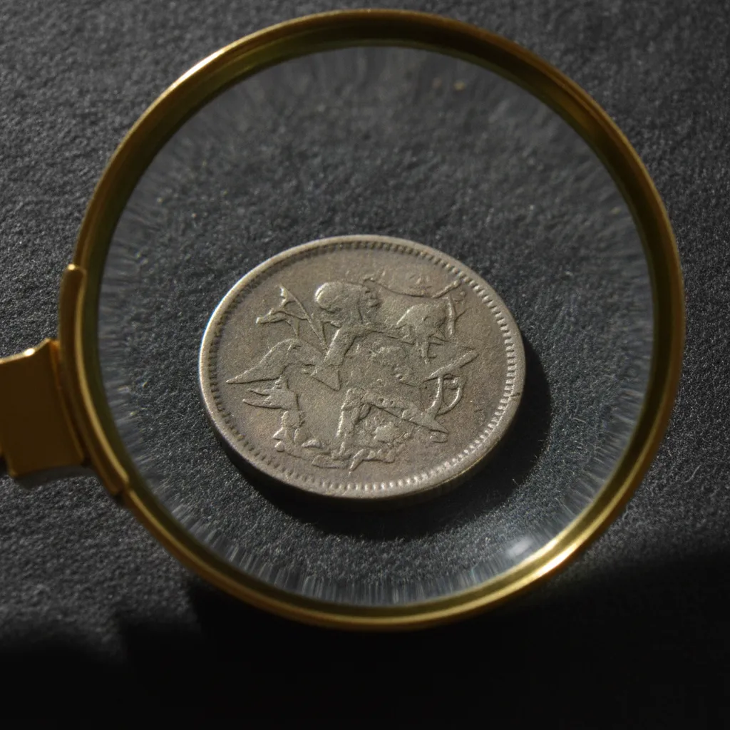 Pièce de monnaie examinée à la loupe sur un tapis sombre