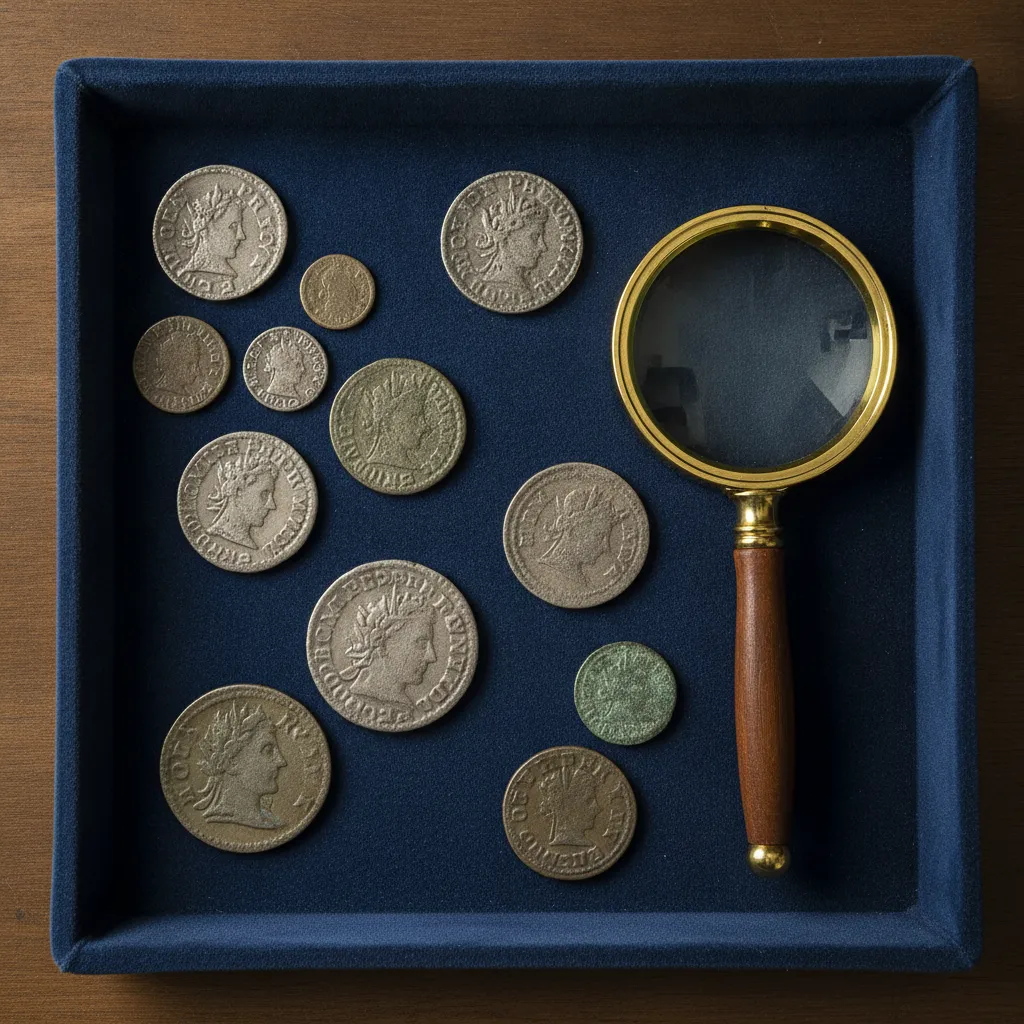 Pièces de monnaie anciennes examinées à la loupe sur un plateau en velours