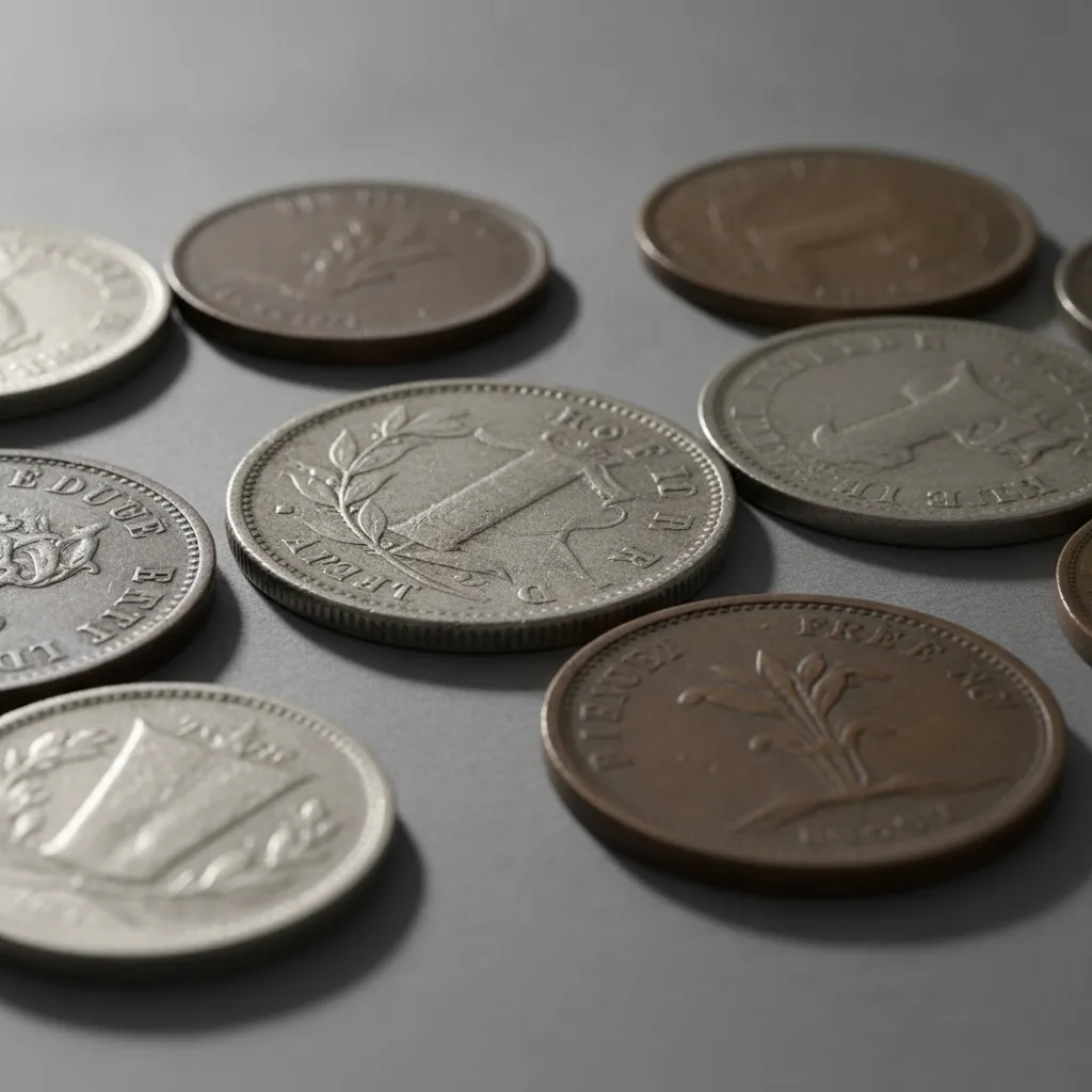 Plusieurs pièces de dix francs françaises posées sur un fond neutre