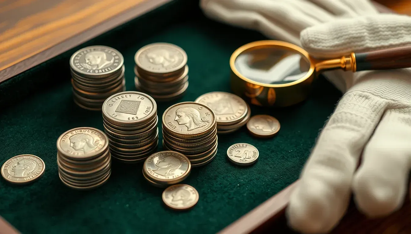 Piles de pièces anciennes en argent et en nickel sur un plateau de feutre vert, à côté d'une loupe dorée et de gants de coton blanc