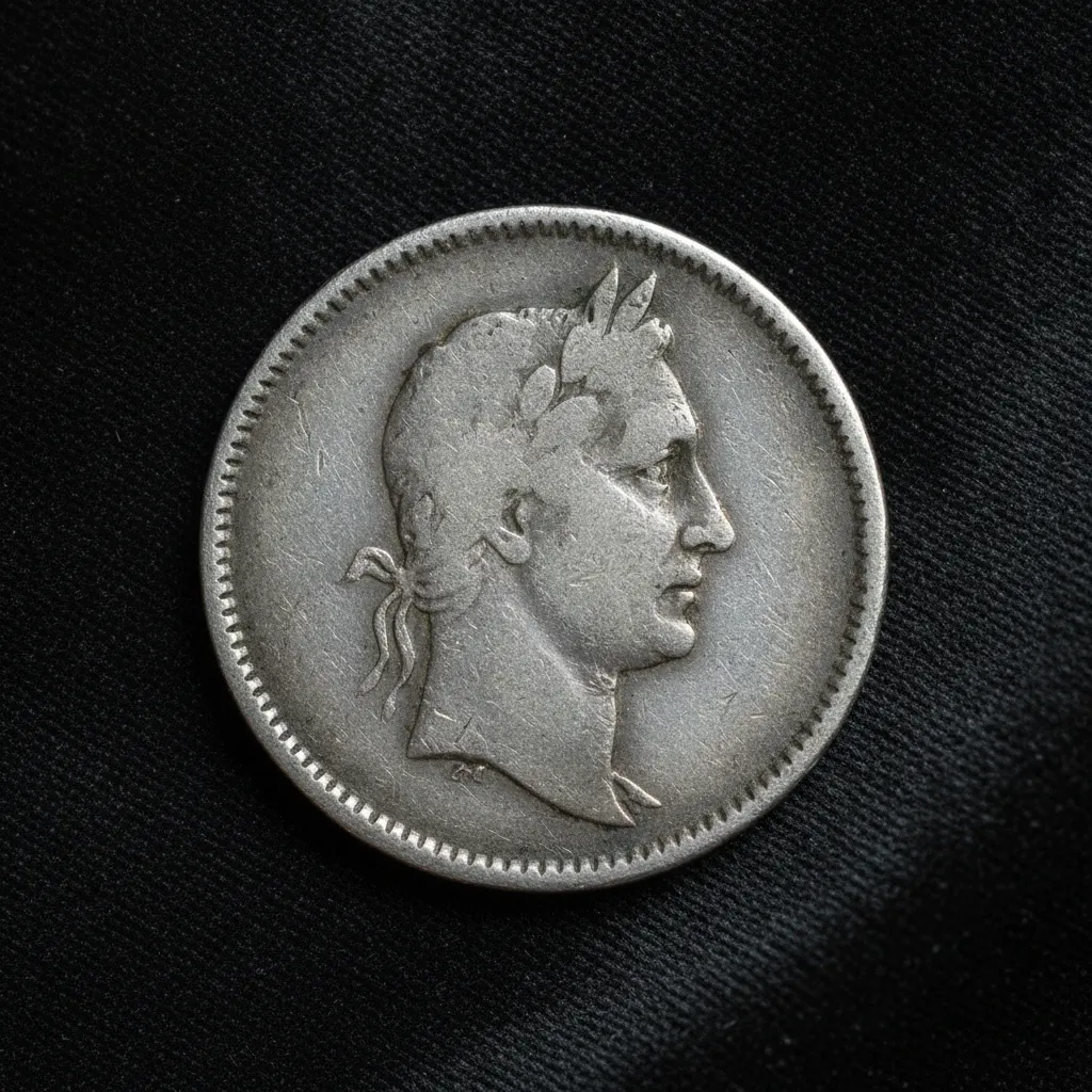Pièce de 20 francs Turin en argent posée sur un fond sombre, profil de la République visible.