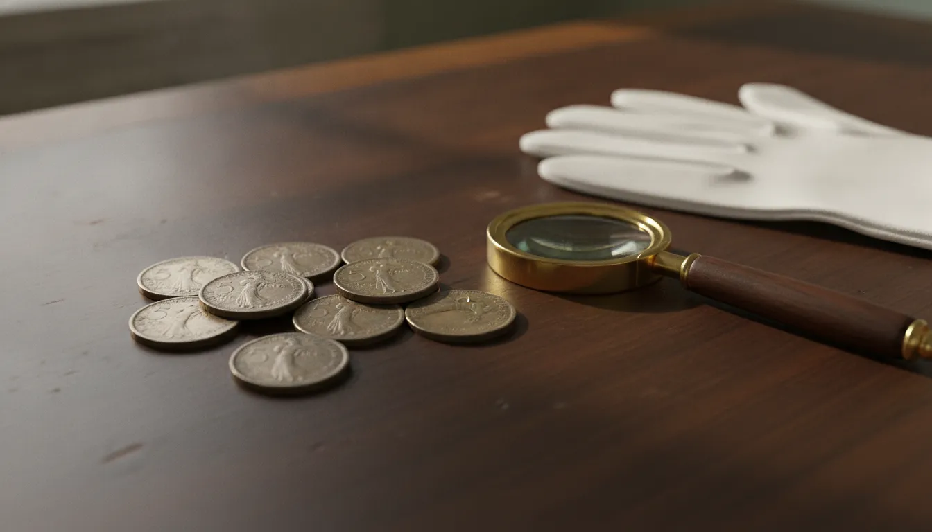 Pièces de 5 francs Semeuse en nickel posées sur un bureau en bois sombre, à côté d'une loupe à manche et de gants de coton blanc