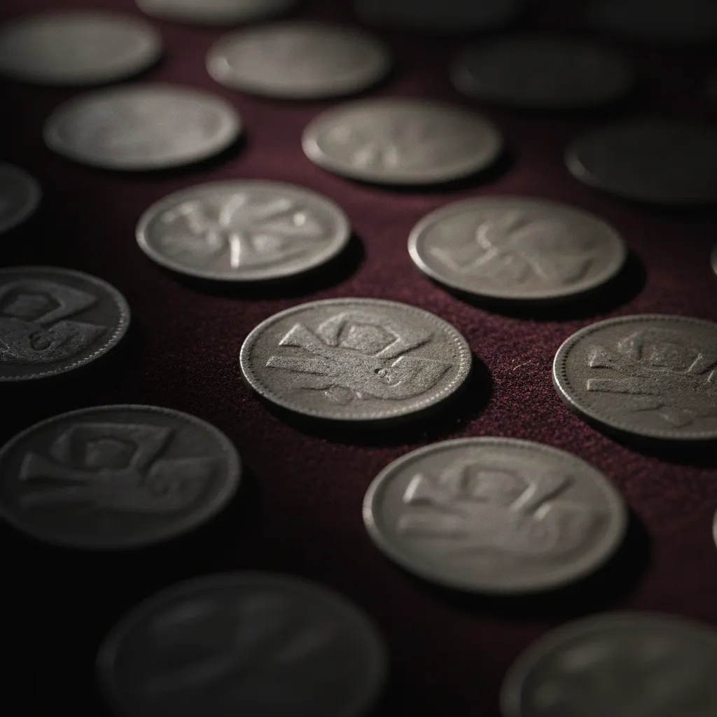 Pièces de monnaie anciennes en argent posées sur un tissu sombre