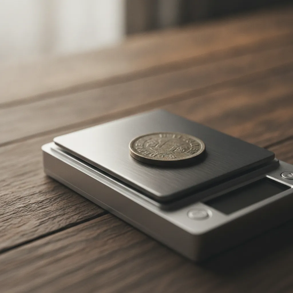 Balance de précision avec une pièce de monnaie posée dessus