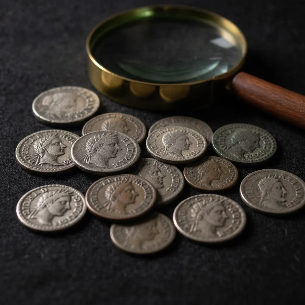 Pièces de monnaie anciennes posées sur un feutre sombre avec une loupe de numismate